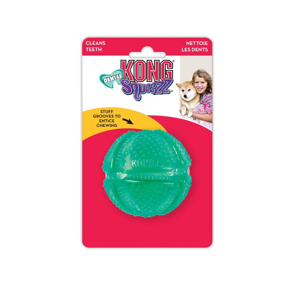 KONG Squeezz Dental Ball rellenable con premios para extender la diversión.