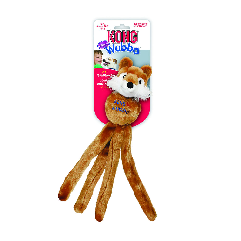 KONG Wubba Amigo cubierto de peluche suave, perfecto para consuelo nocturno.