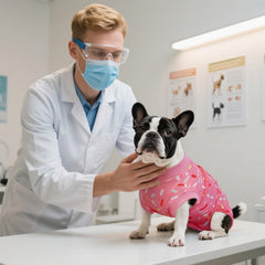 Protección de incisiones postoperatorias con el traje Kuoser para perro.