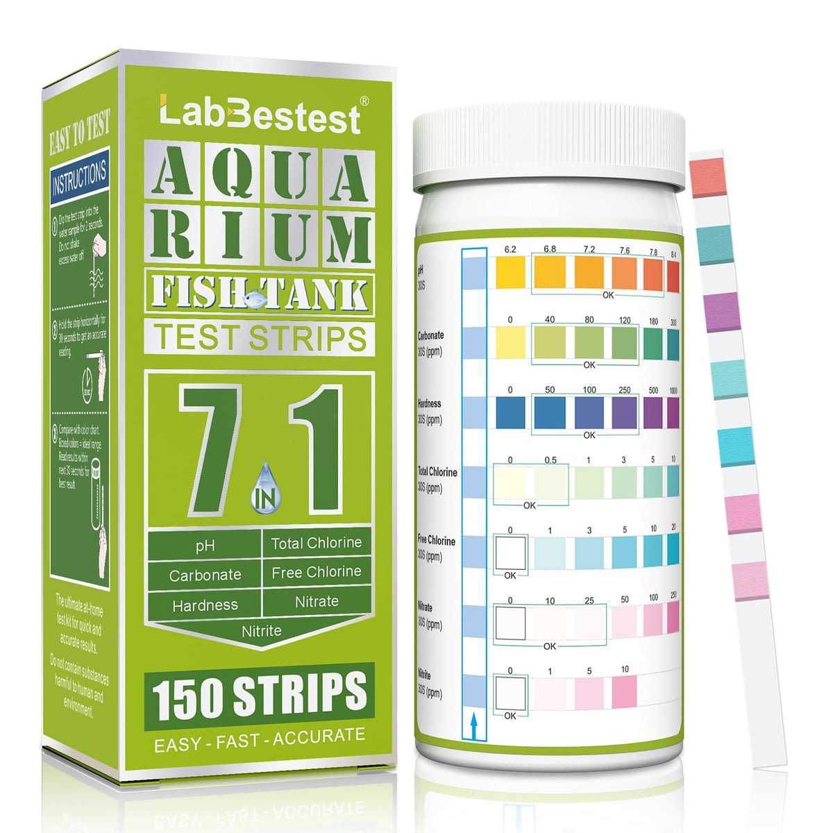 LabBestest tiras 7-en-1 frente, lectura rápida de pH y dureza.