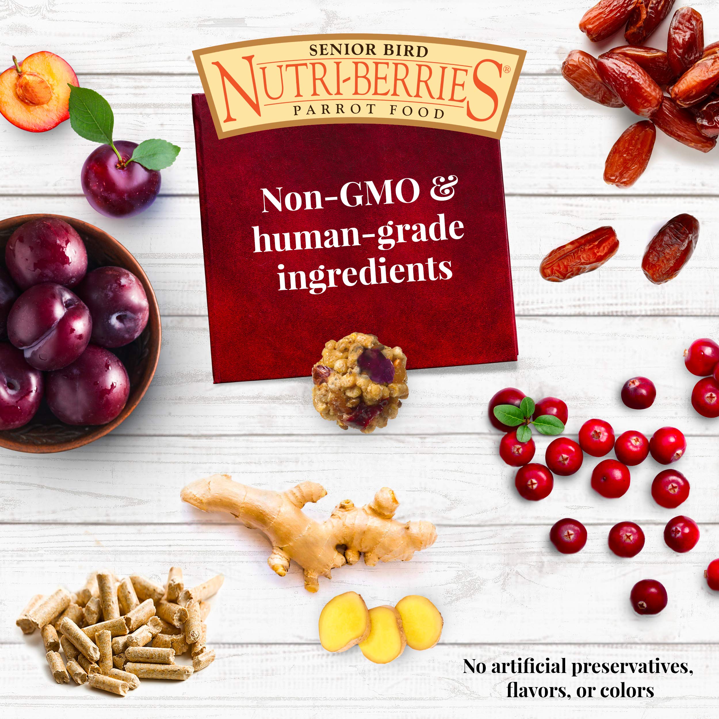 LAFEBER'S Senior Bird Nutri-Berries, frutas selectas aportan fibra y vitaminas.