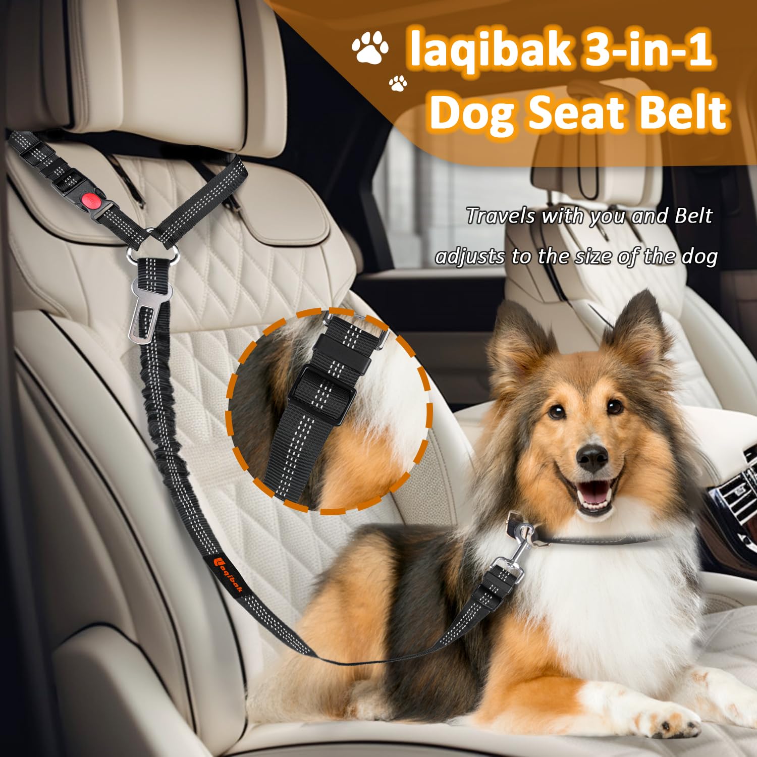Laqibak sistema 3-en-1 cinturon perro coche ideal para viaje y paseo.