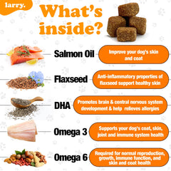 Larry Aceite de Salmón para Perros: etiqueta destaca ingredientes reales y naturales.