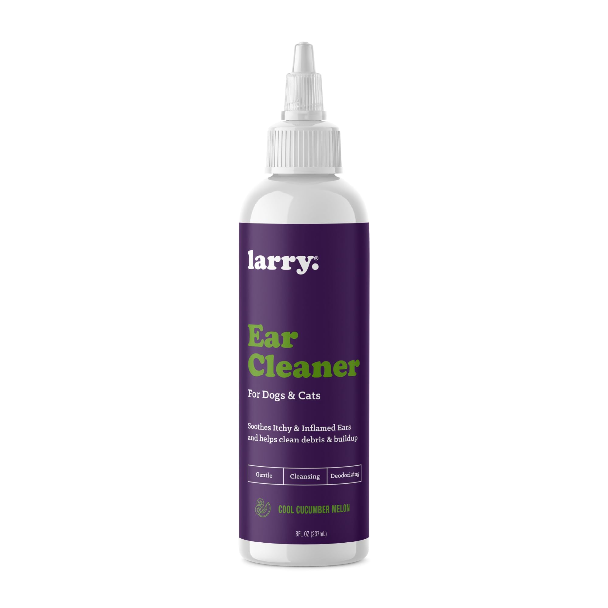 Larry Dog Ear Cleaner botella vertiendo: limpieza suave y desodorante para oídos.