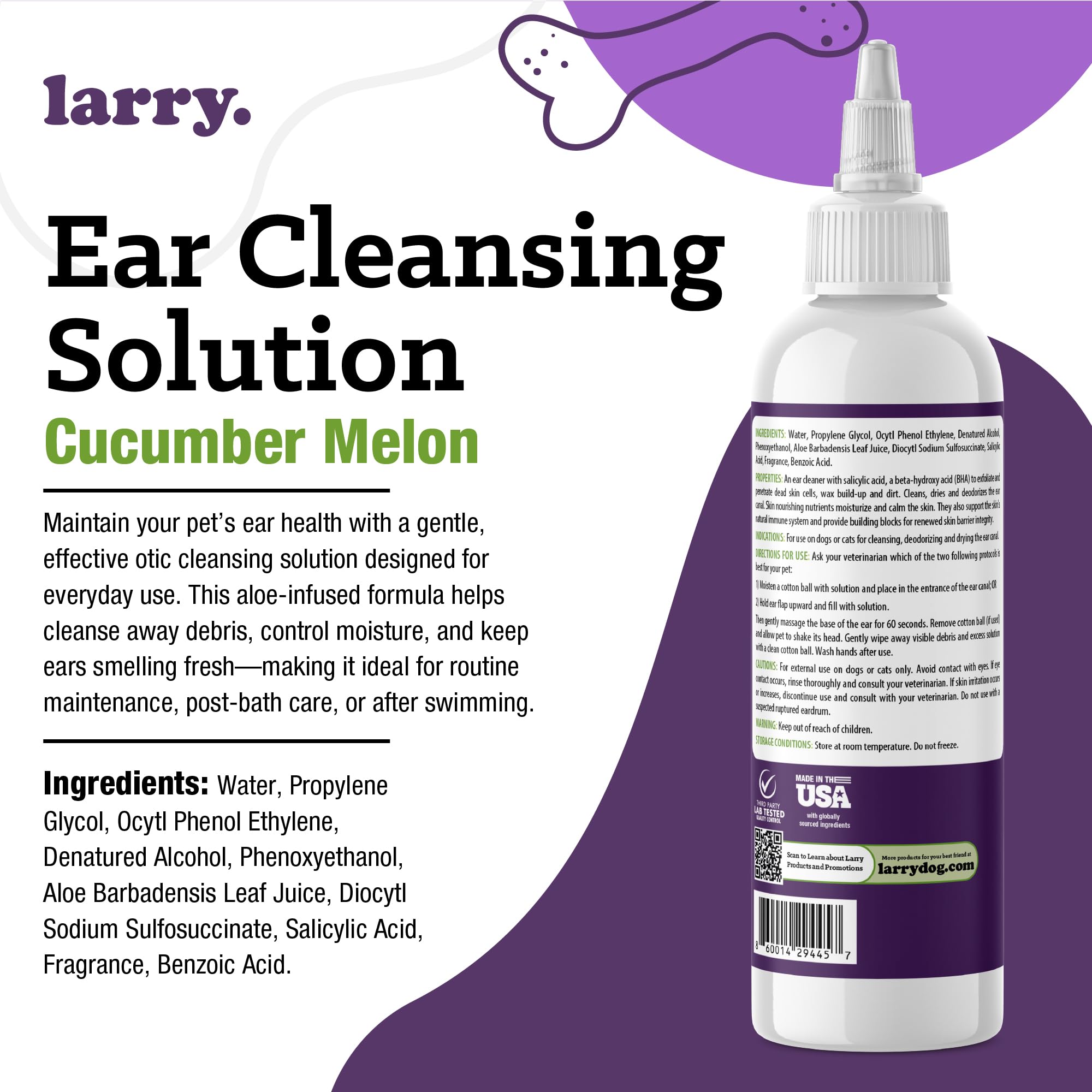 Larry Dog Ear Cleaner ingredientes globales: soporte suave para oídos limpios.