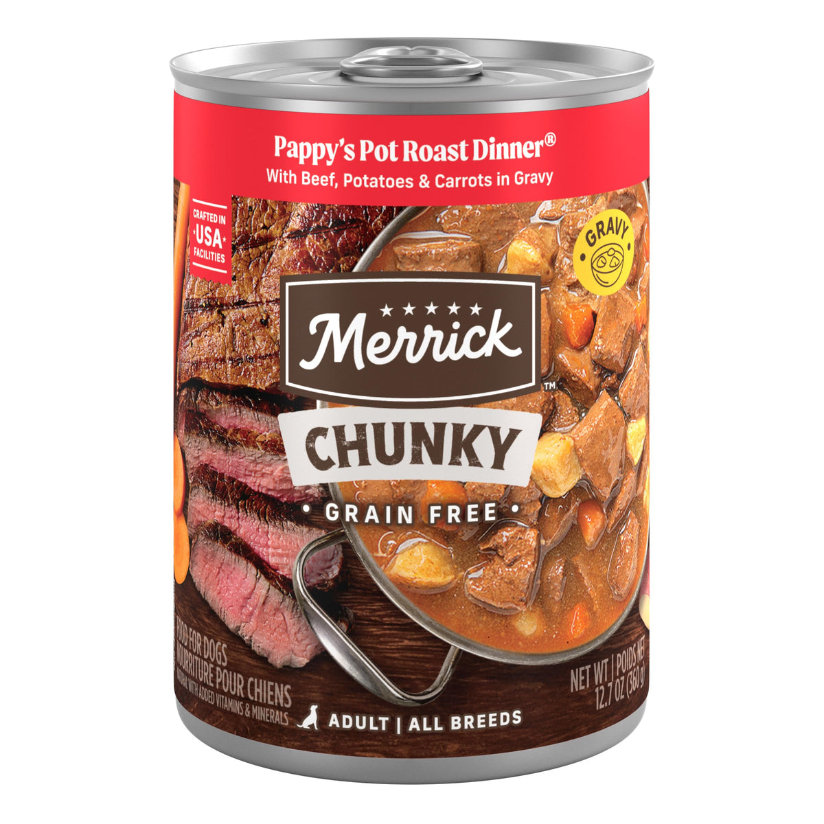 Lata Merrick con asado de res en salsa, proteína real para energía diaria.