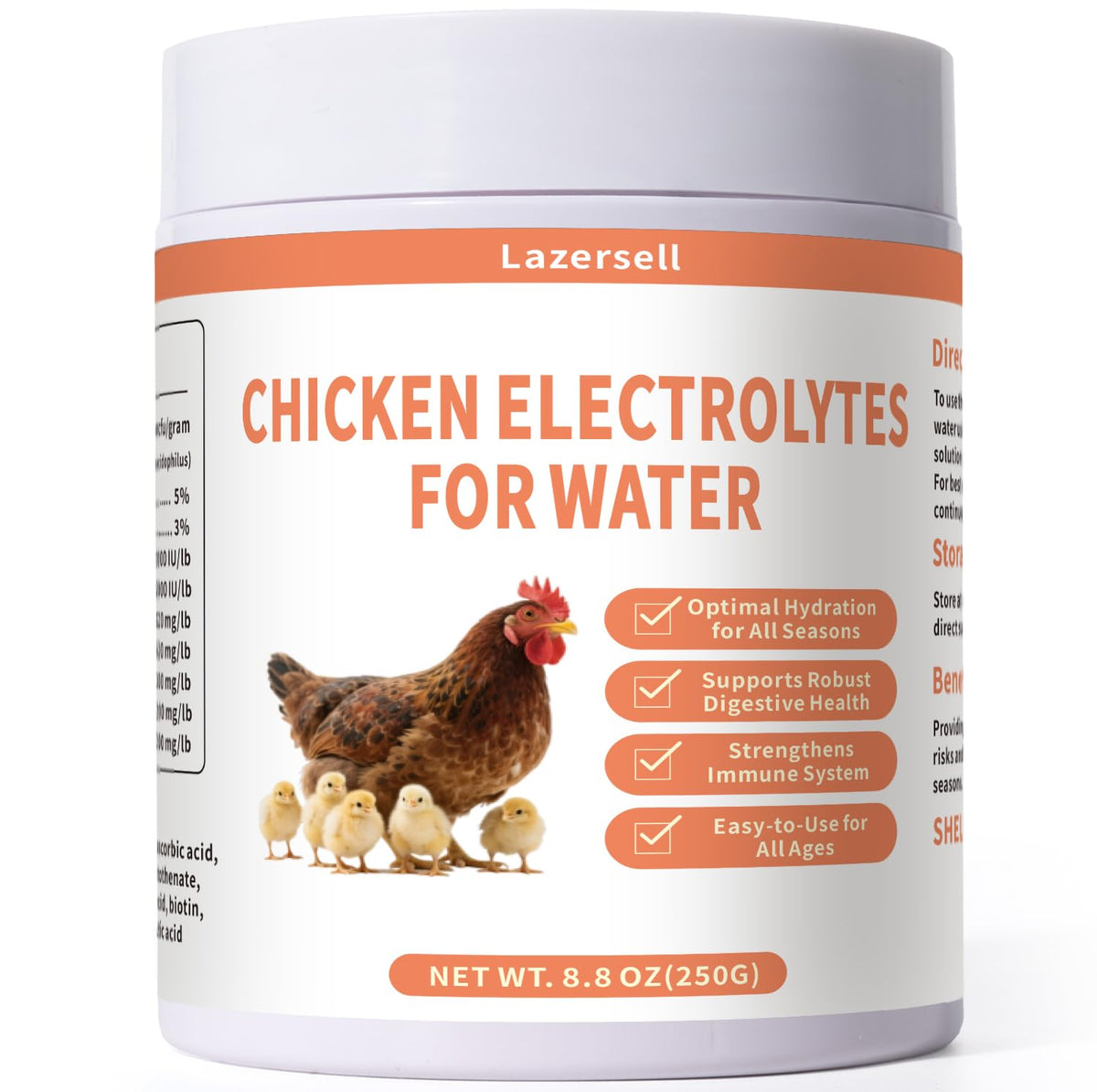 Lazersell electrolito para agua de aves: envase visible para hidratación confiable.