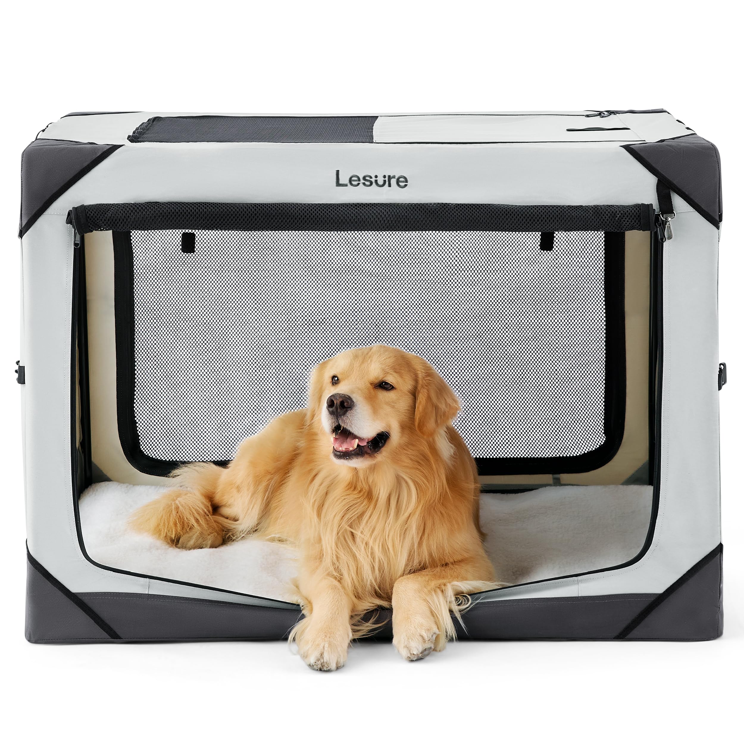LE SURE jaula plegable para perros, vista frontal, diseño transpirable para mayor visibilidad