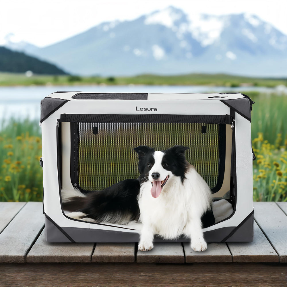 LE SURE jaula plegable para perro grande con 4 puertas y malla para ventilación.