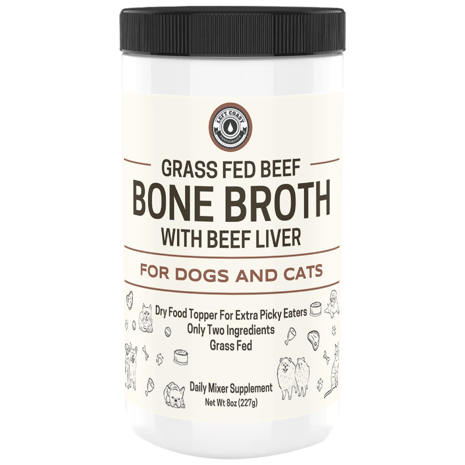 Left Coast Performance polvo caldo de huesos, ideal para realzar sabor en perros y gatos.