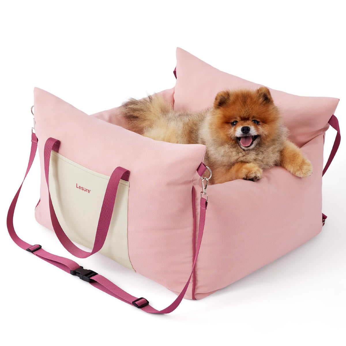 LE SURE asiento para perro pequeño crema fresa, seguro en coche