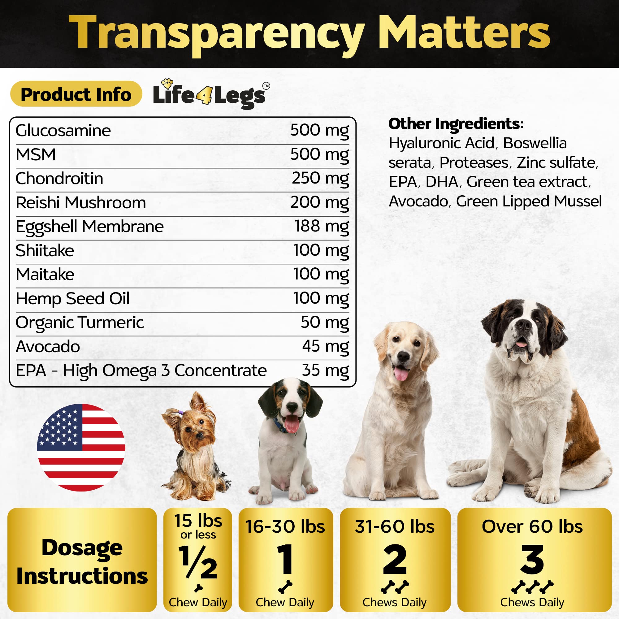 Life4Legs ingredientes omega3 hialuronico cúrcuma: combinación natural para movilidad y confort.