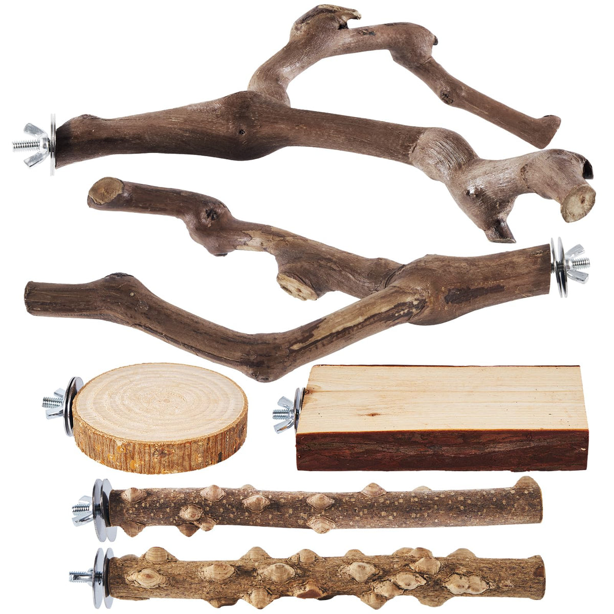 Conjunto LIMIO de perchas para aves en madera natural, entorno más natural.