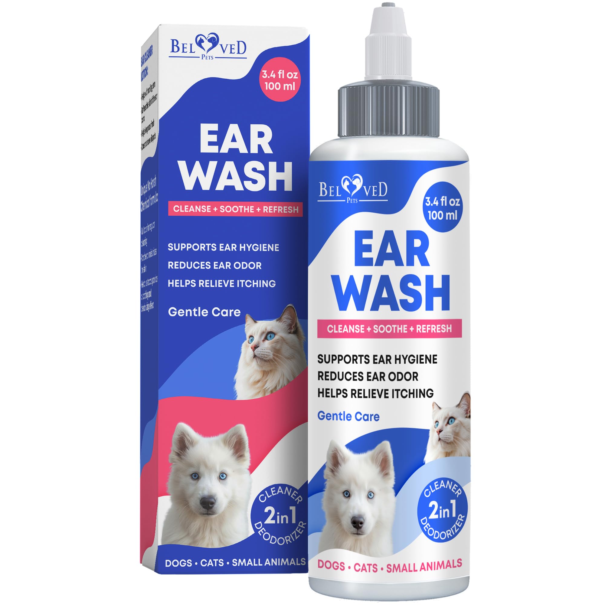 Limpiador de orejas para gatos y perros, botella vertido para limpieza suave.