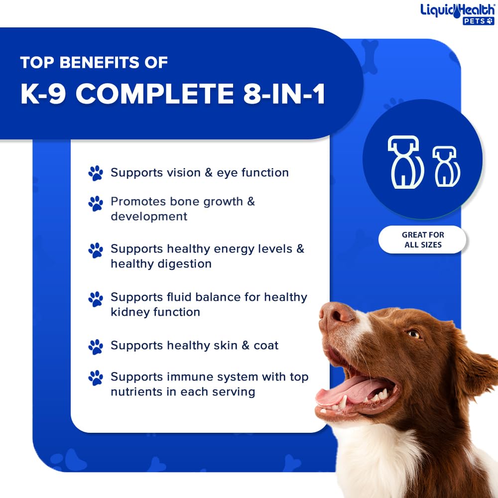 LIQUIDHEALTH K9 Complete mejora piel y pelaje de su perro.