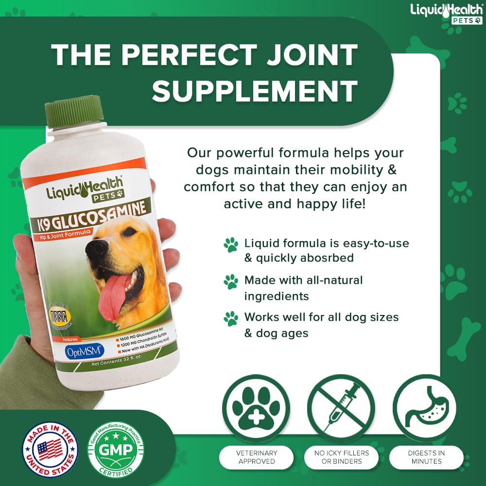LIQUIDHEALTH K9 Glucosamina, etiqueta clara con información y uso