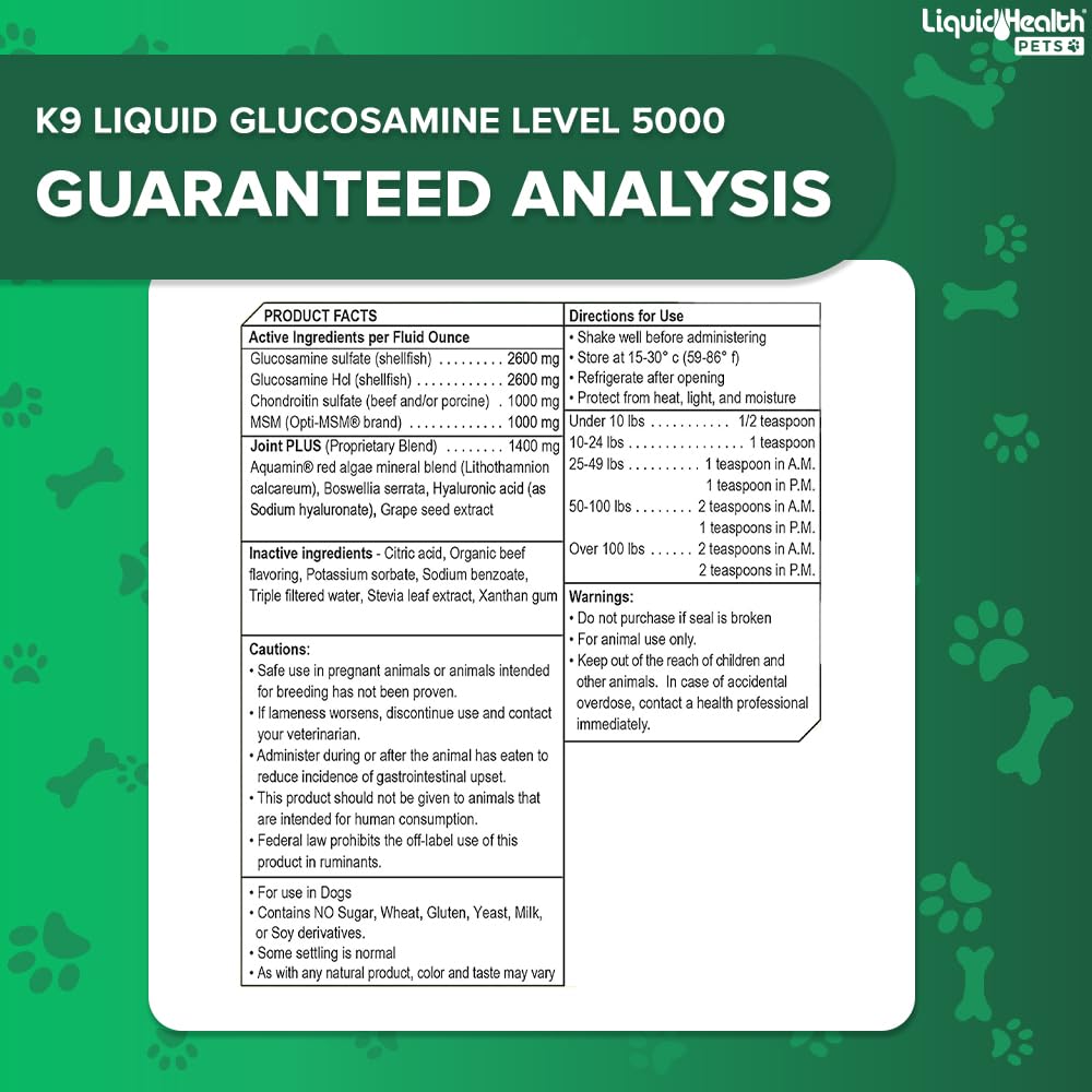 LIQUIDHEALTH Pets K9 Glucosamina, etiqueta con composición y dosis recomendada