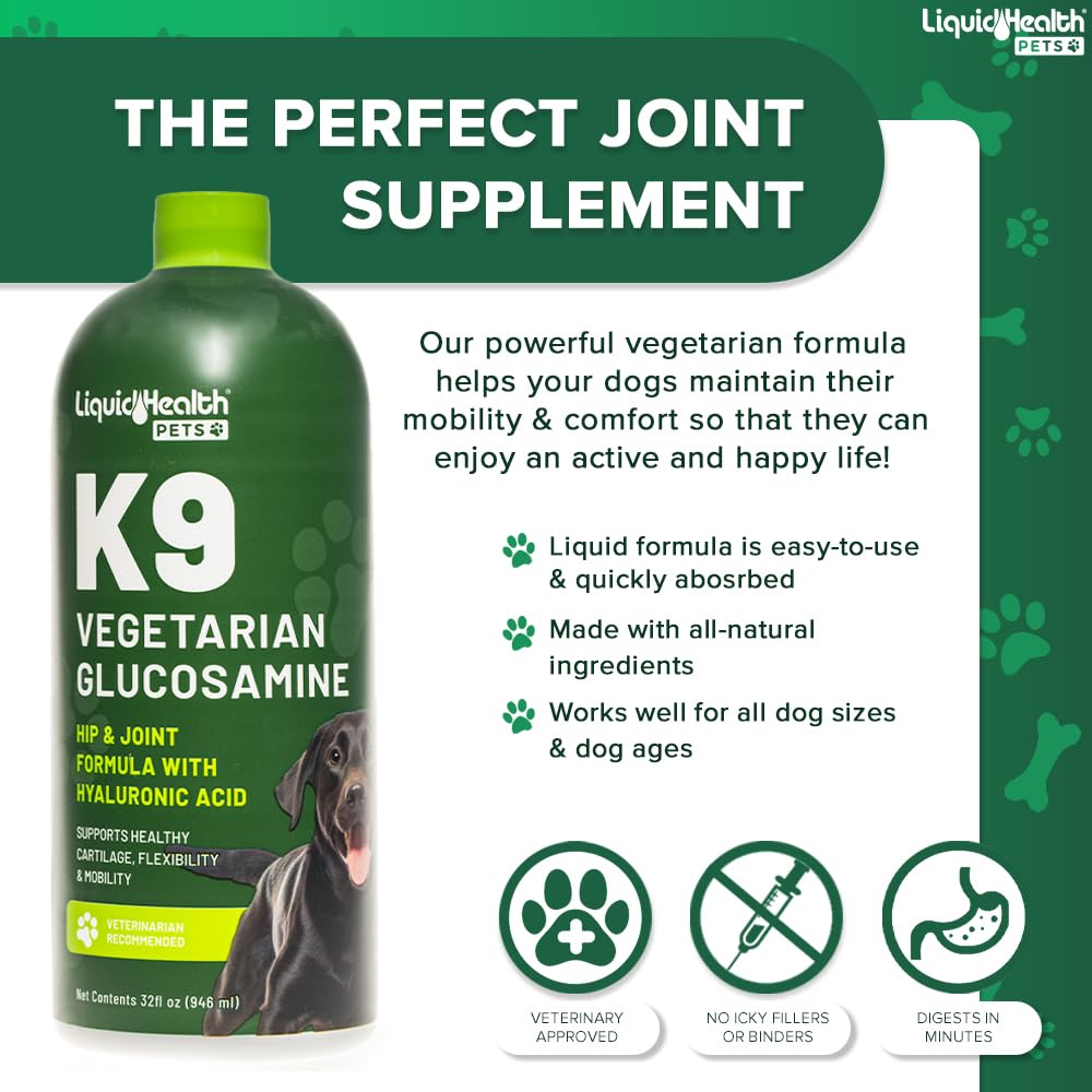 LIQUIDHEALTH Pets K9 ingredientes vegetales y Omega 3 para pelaje saludable.