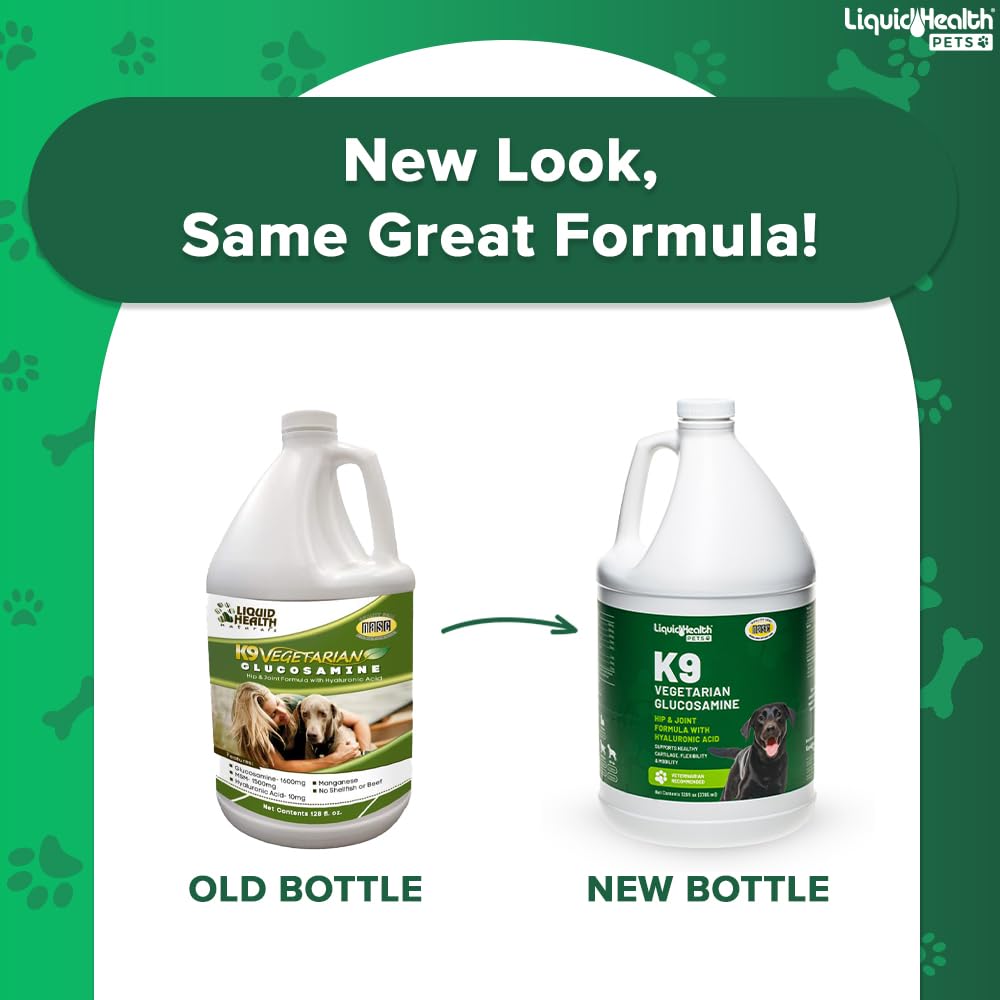 Frasco LIQUIDHEALTH vertido, etiqueta visible, fórmula vegetariana para perros