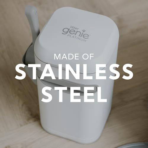 Litter Genie Platinum, diseño moderno en acero que se integra al hogar.