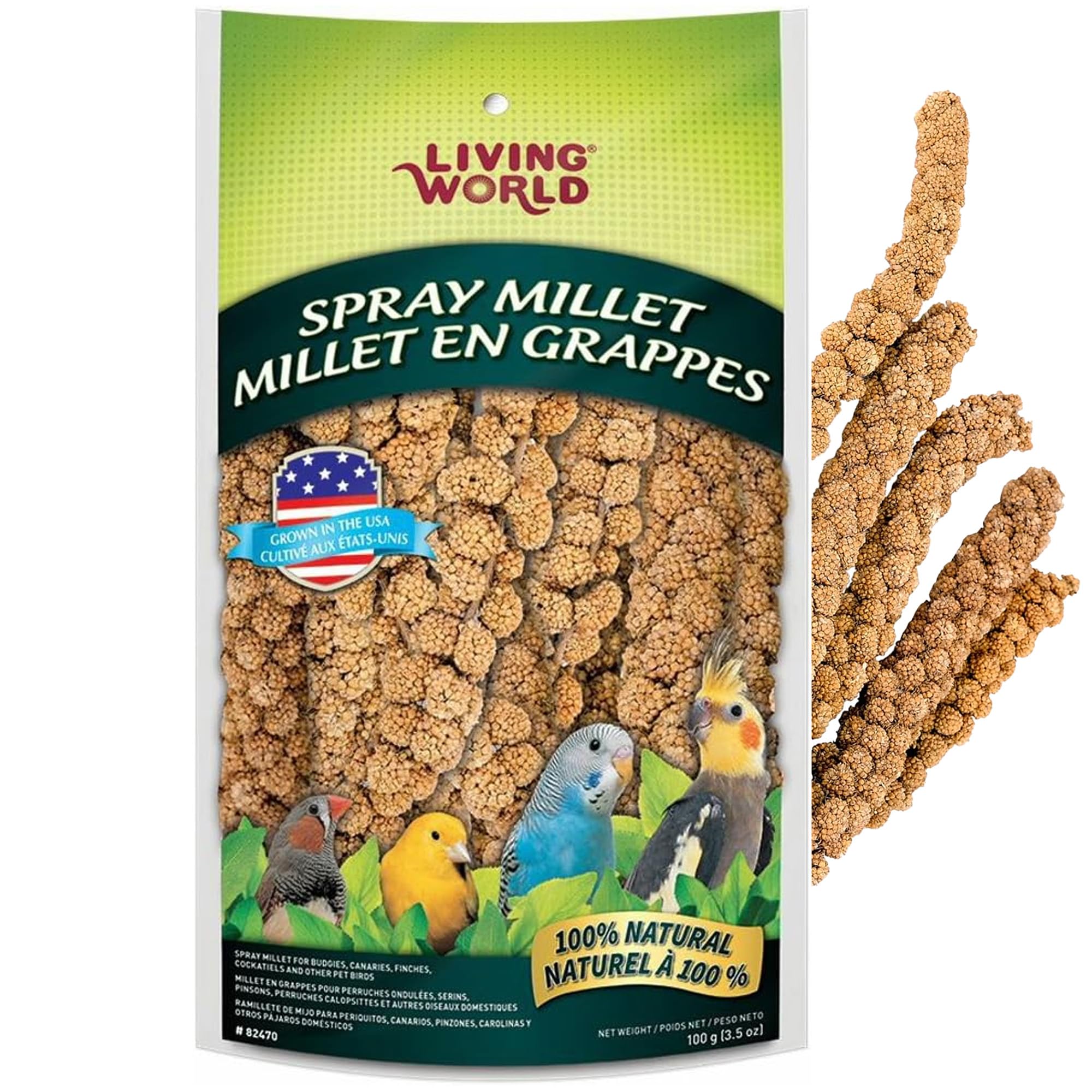 Living World Spray Millet en envase, snack saludable para aves.