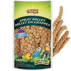 Living World Spray Millet en envase, snack saludable para aves.
