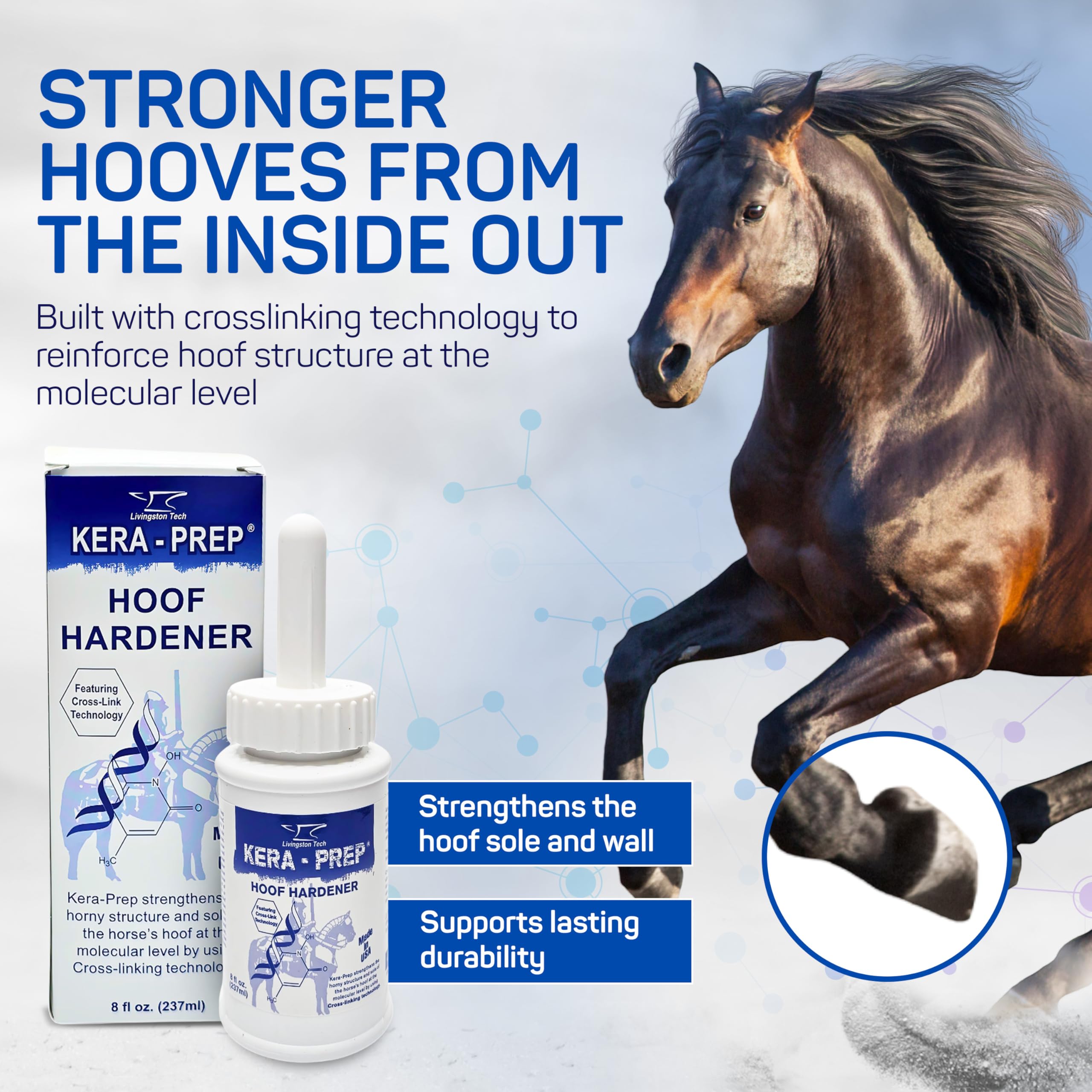 Kera Prep ofrece defensa-humedad en el casco del caballo para climas húmedos.