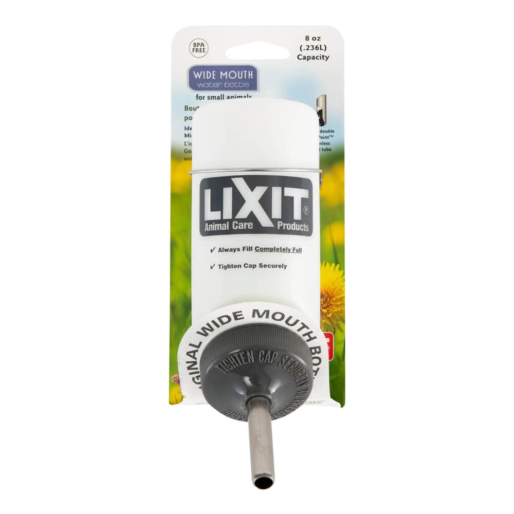 Botella Lixit de boca ancha 8 oz para mascotas pequeñas, facilita llenado y limpieza.
