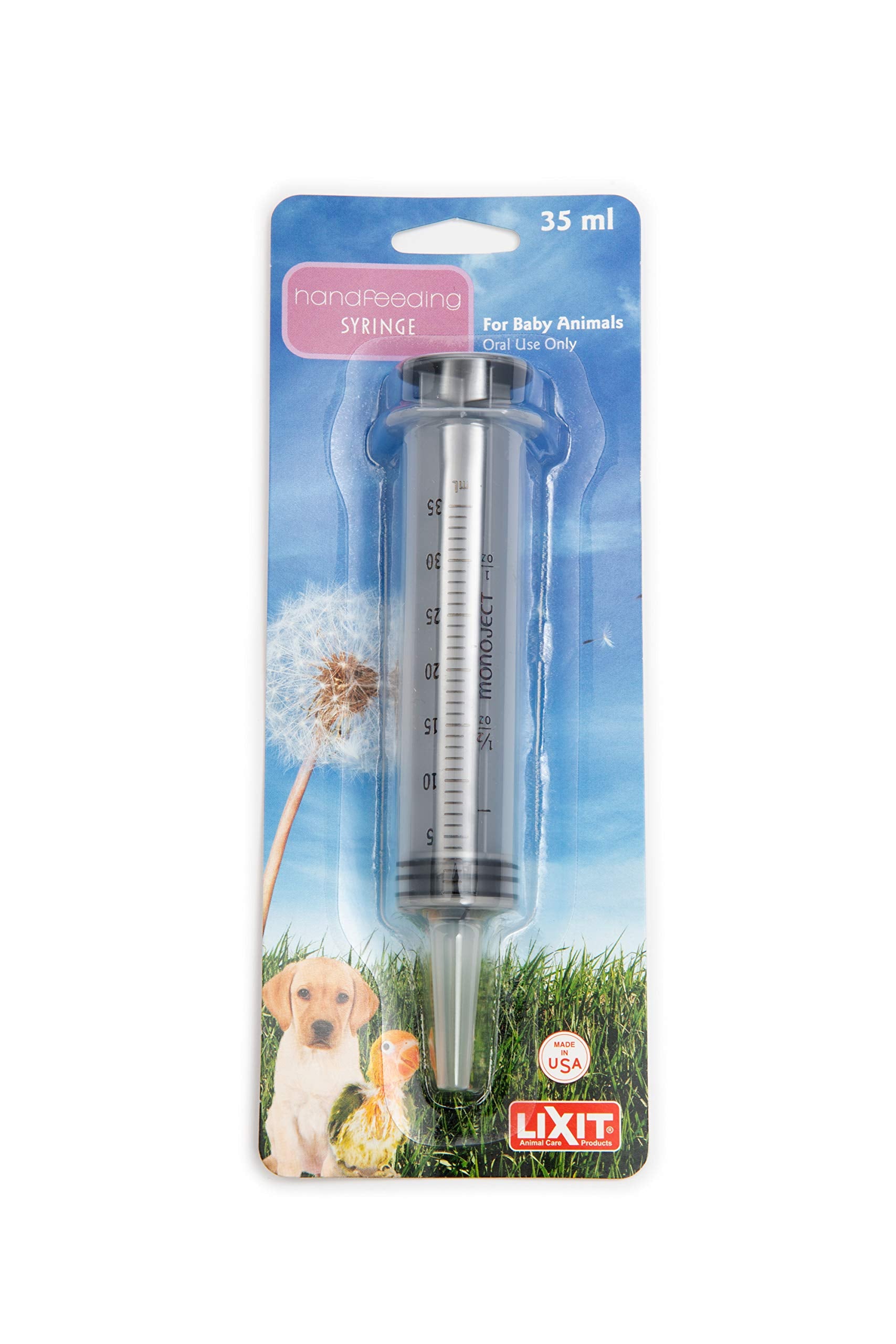 Jeringa de alimentación manual Lixit para aves y mascotas pequeñas, con dosis controladas.