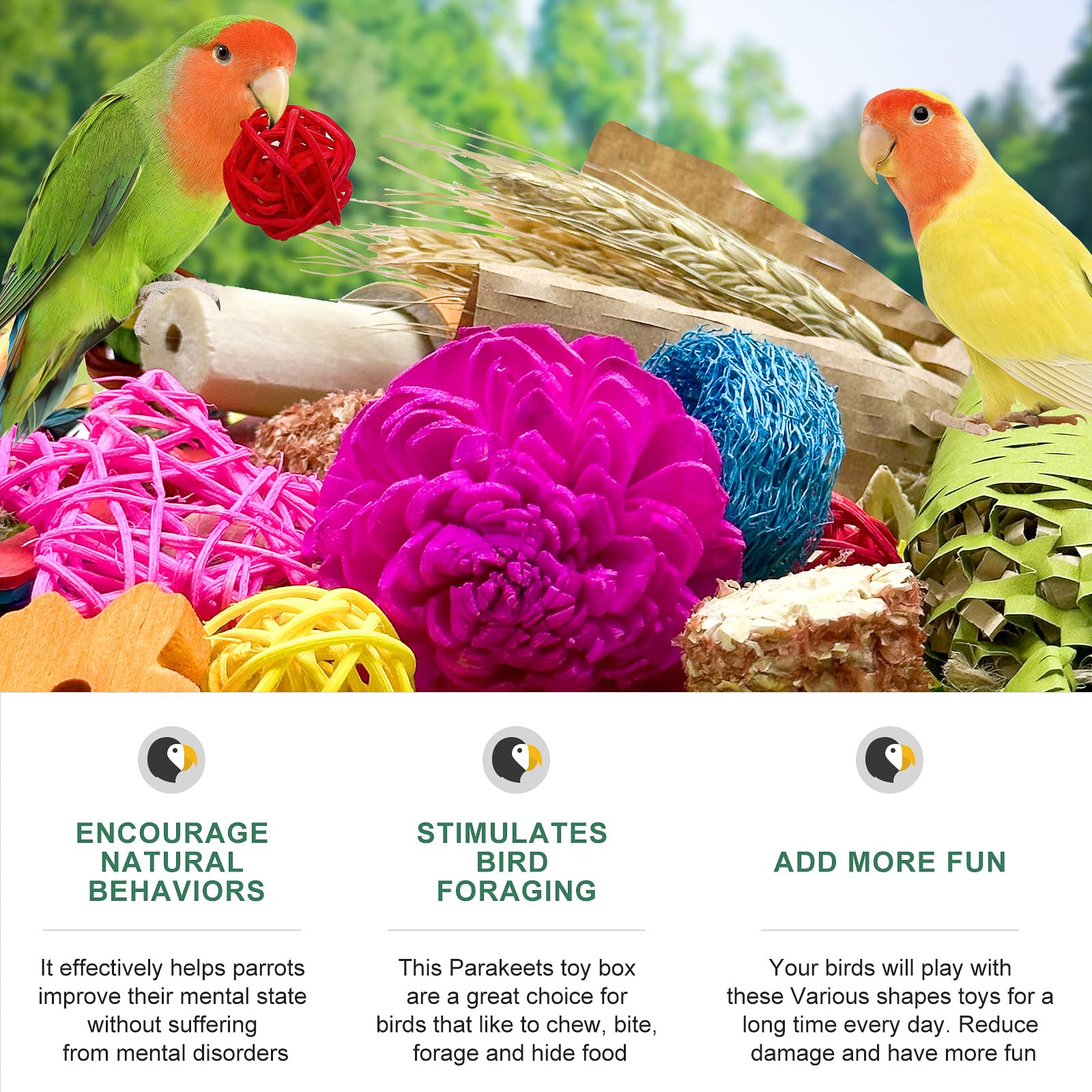 Juguete LOPERDEVE colorido para aves pequeñas, ideal para forraje y exploración.