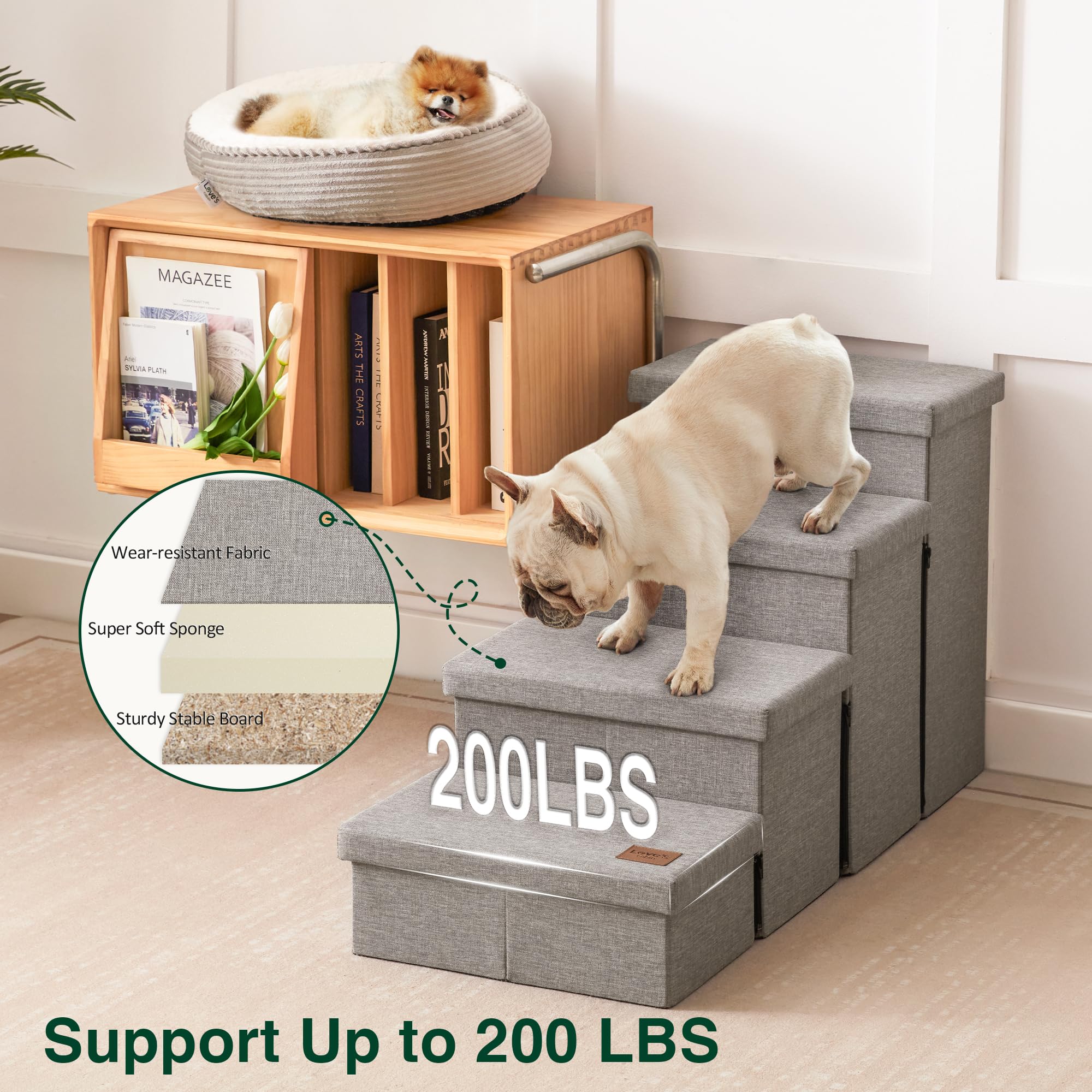 Love's Cabin escalera junto al sofá para perros de diferentes tamaños