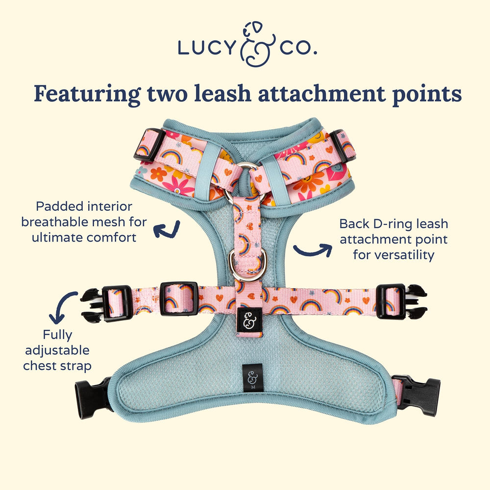 Lucy & Co. arnés ajustable cuello y pecho para un ajuste perfecto.
