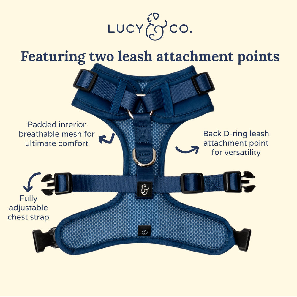 Lucy & Co. Arnés azul marino resistente para uso en clima frío.