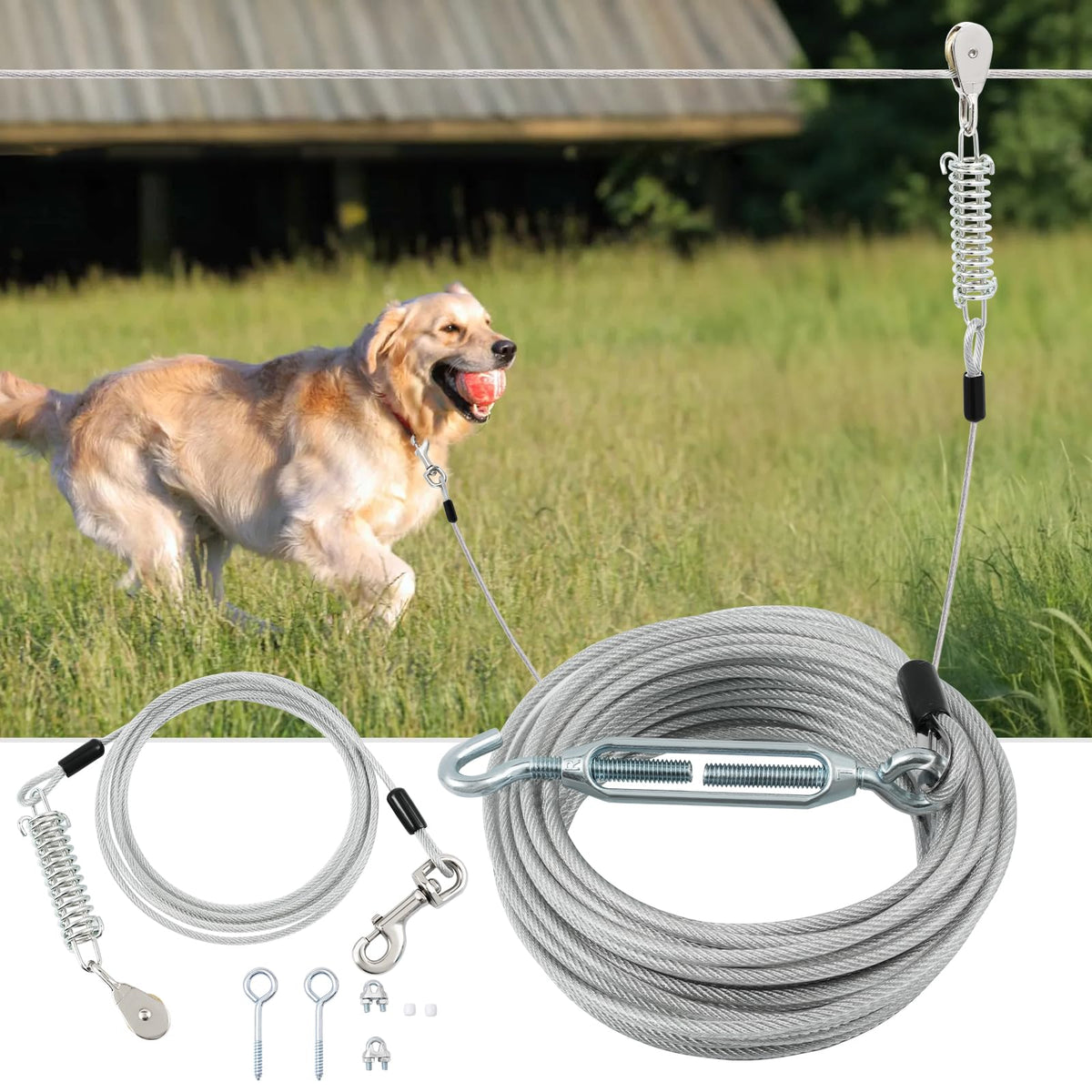 LUFFWELL corredor de perro 100pies cable principal para patio, libertad controlada.