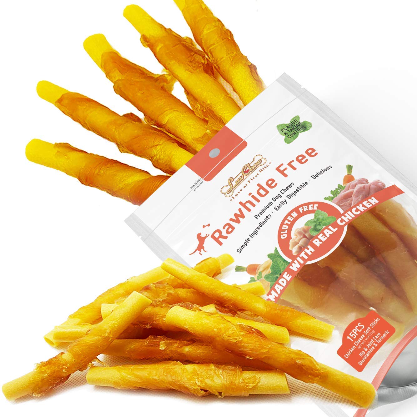 LuvChew palitos de hueso de pollo envueltos, masticación deliciosa para perros.