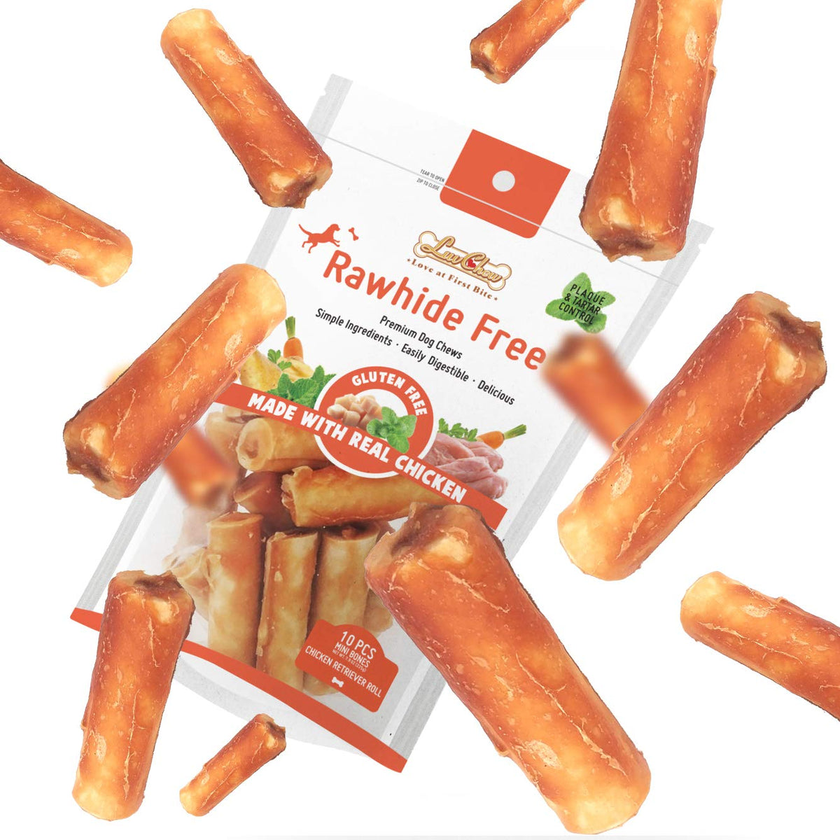 LuvChew Rollos de Pollo Mini en empaque, premio seguro para perros pequeños.
