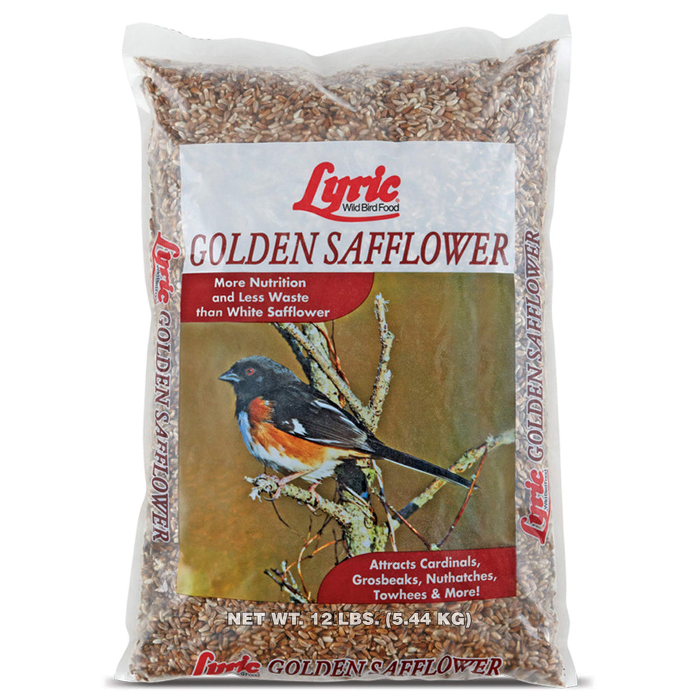 Lyric Cartamo Dorado en bolsa de 12 libras, ideal para comederos exteriores de aves.
