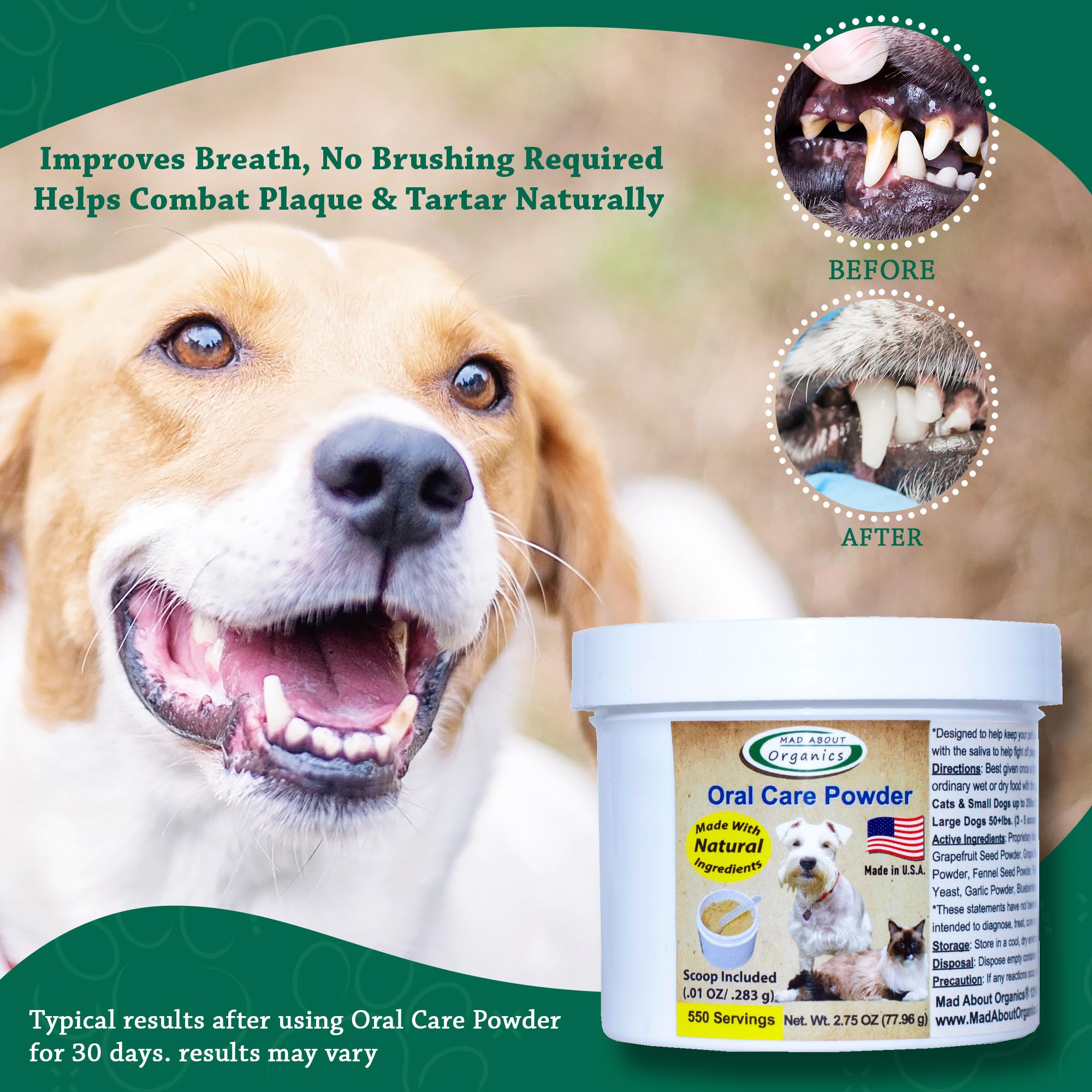Polvo dental con ingredientes orgánicos para perros y gatos.