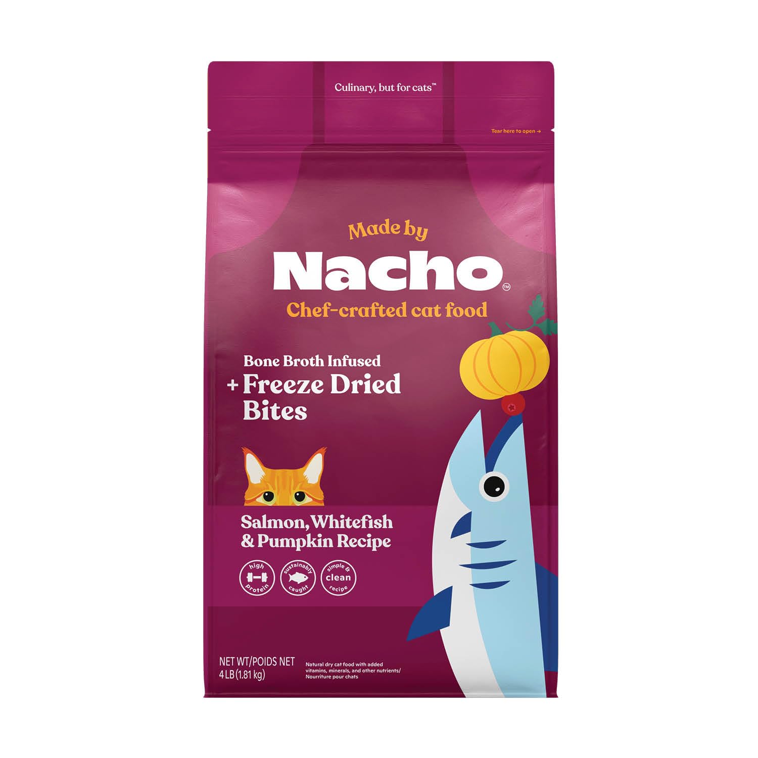Made by Nacho Croquetas para Gatos: bolsa 4lb, croquetas crujientes para desarrollo muscular.