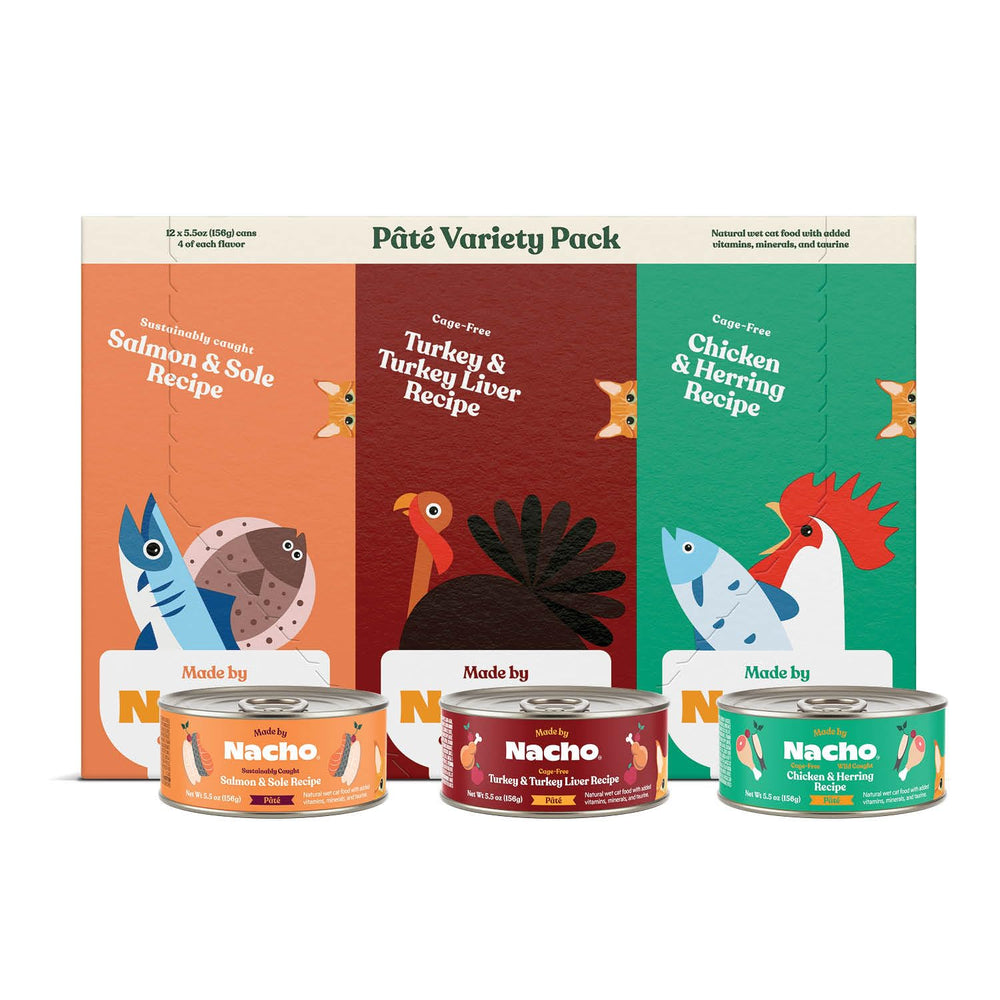 Made by Nacho pate-gato-variedad-latas: sabores pollo, salmón y pavo para paladar exigente.