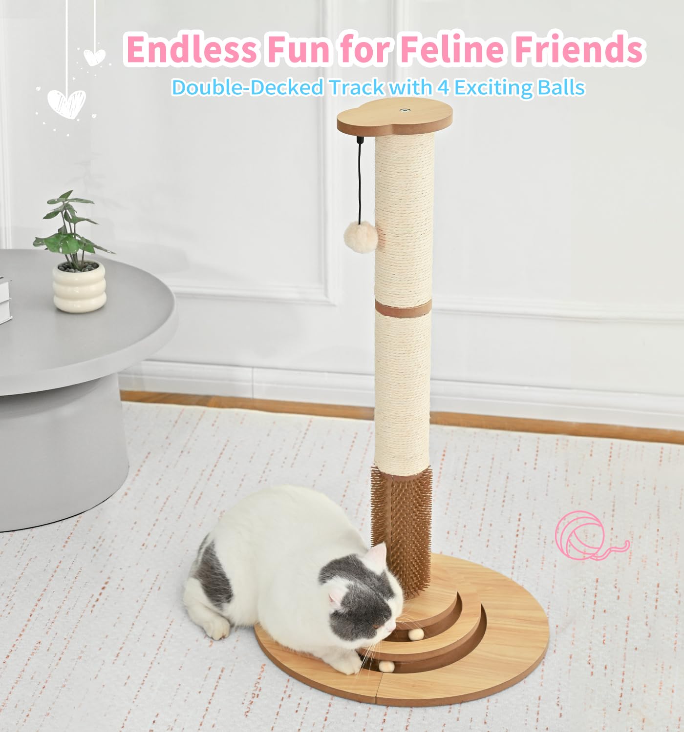 Made4Pets gato en acción explorando la torre y la bola estimulando juego diario.