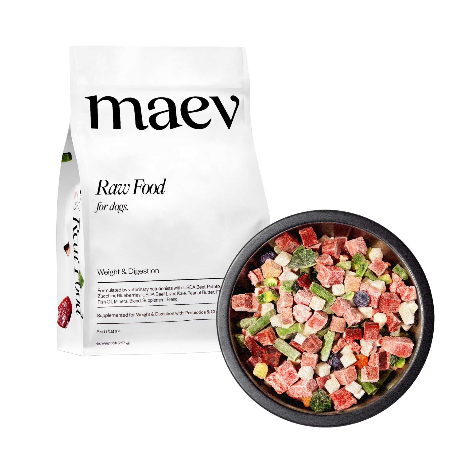 Maev comida para perros de res calidad humana, nutrición visible.