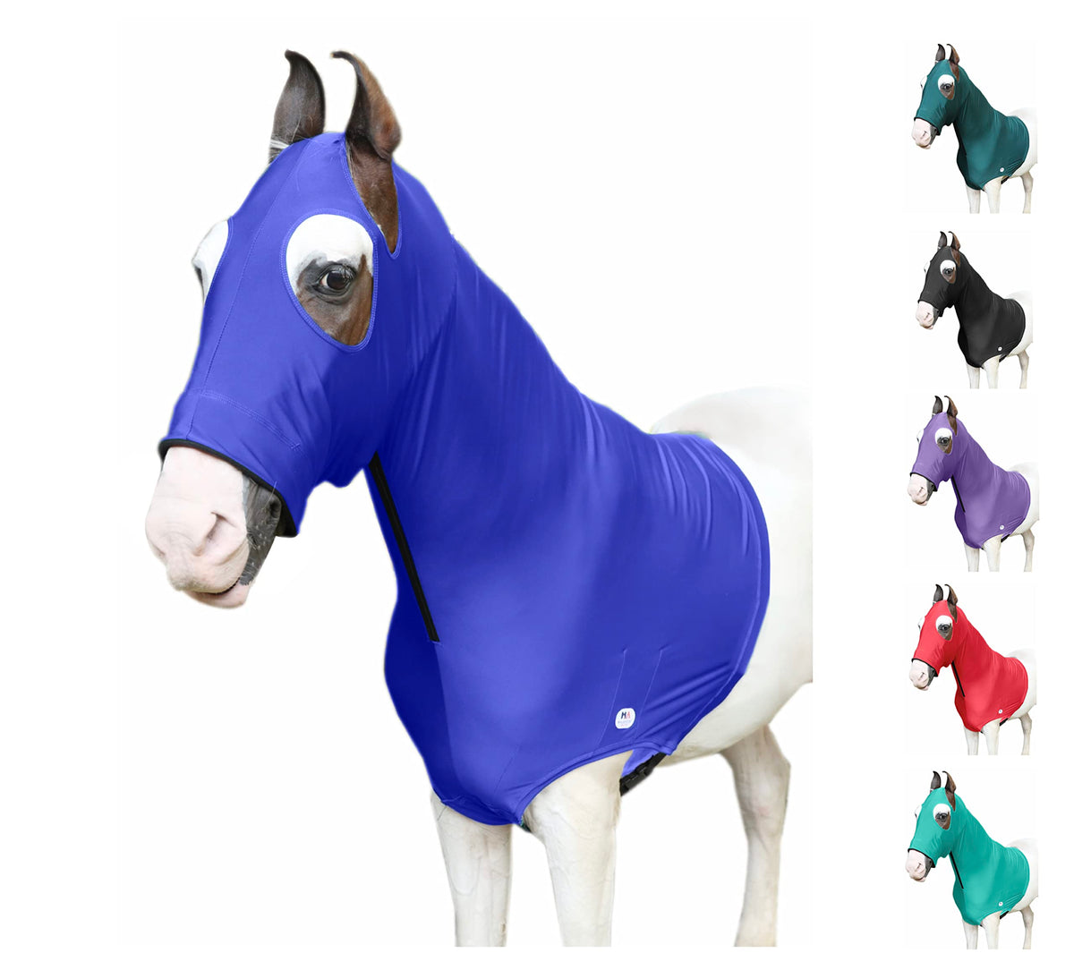 Capucha Majestic Ally para caballo con cremallera, vista frontal, calidez y ajuste seguro.