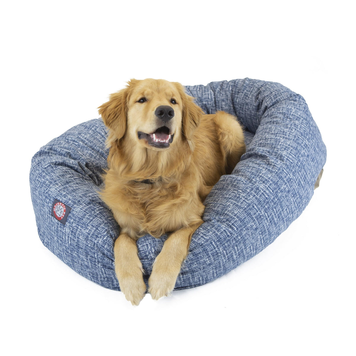 Majestic Pet cama anillo azul, vista frontal, descanso suave para dormir.
