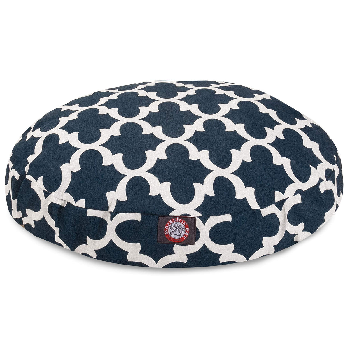 La cama Majestic Pet Navy Trellis redonda funciona bien en interiores y exteriores.