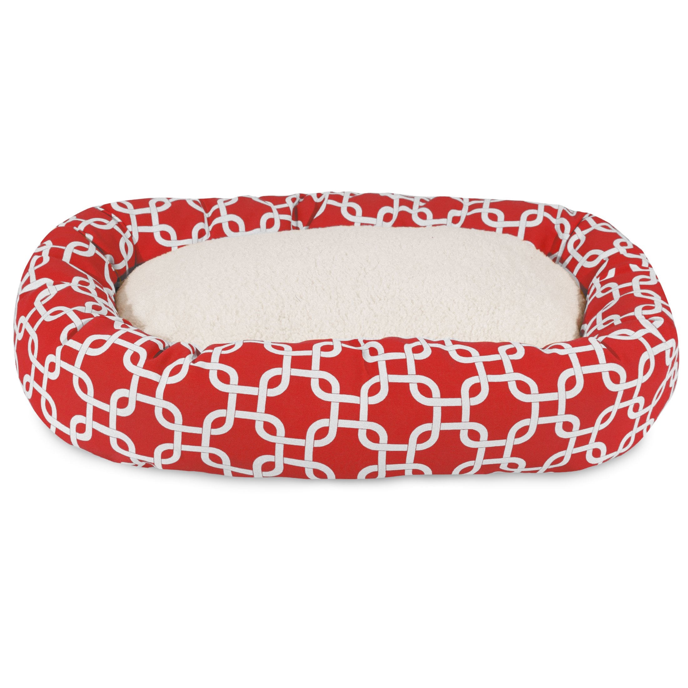 Cama donut Majestic Pet roja con Sherpa, ideal para descansar y acurrucarse.
