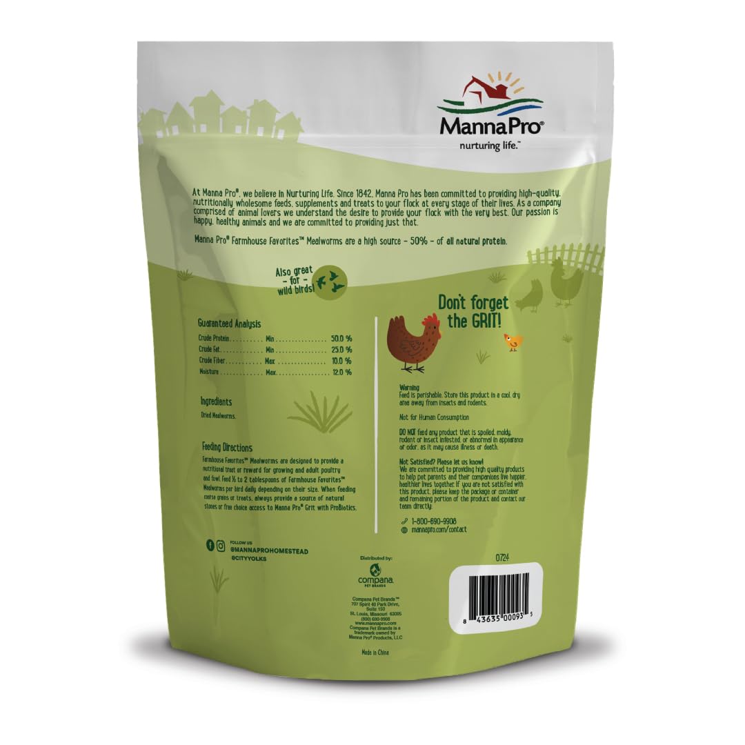 Manna Pro Mealworms, alto contenido proteico, ideal para crecimiento y energía de las aves.