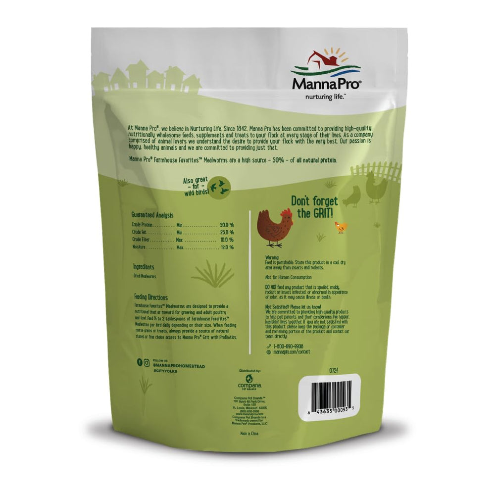 Manna Pro Mealworms, alto contenido proteico, ideal para crecimiento y energía de las aves.