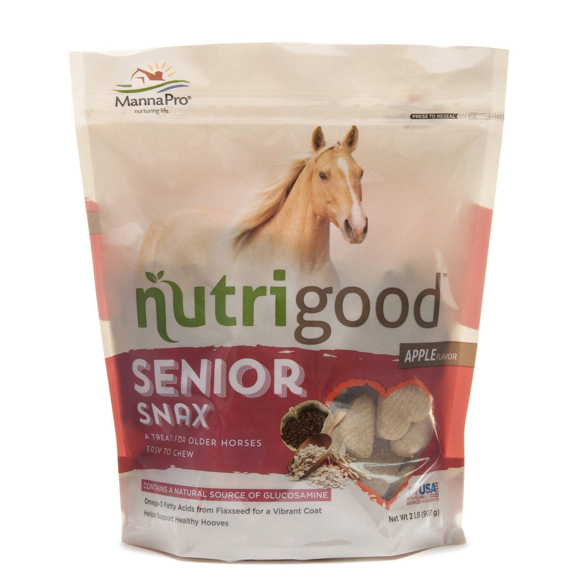 NutriGood Senior Snax sabor manzana: premio delicioso para caballos mayores y entrenamiento suave.
