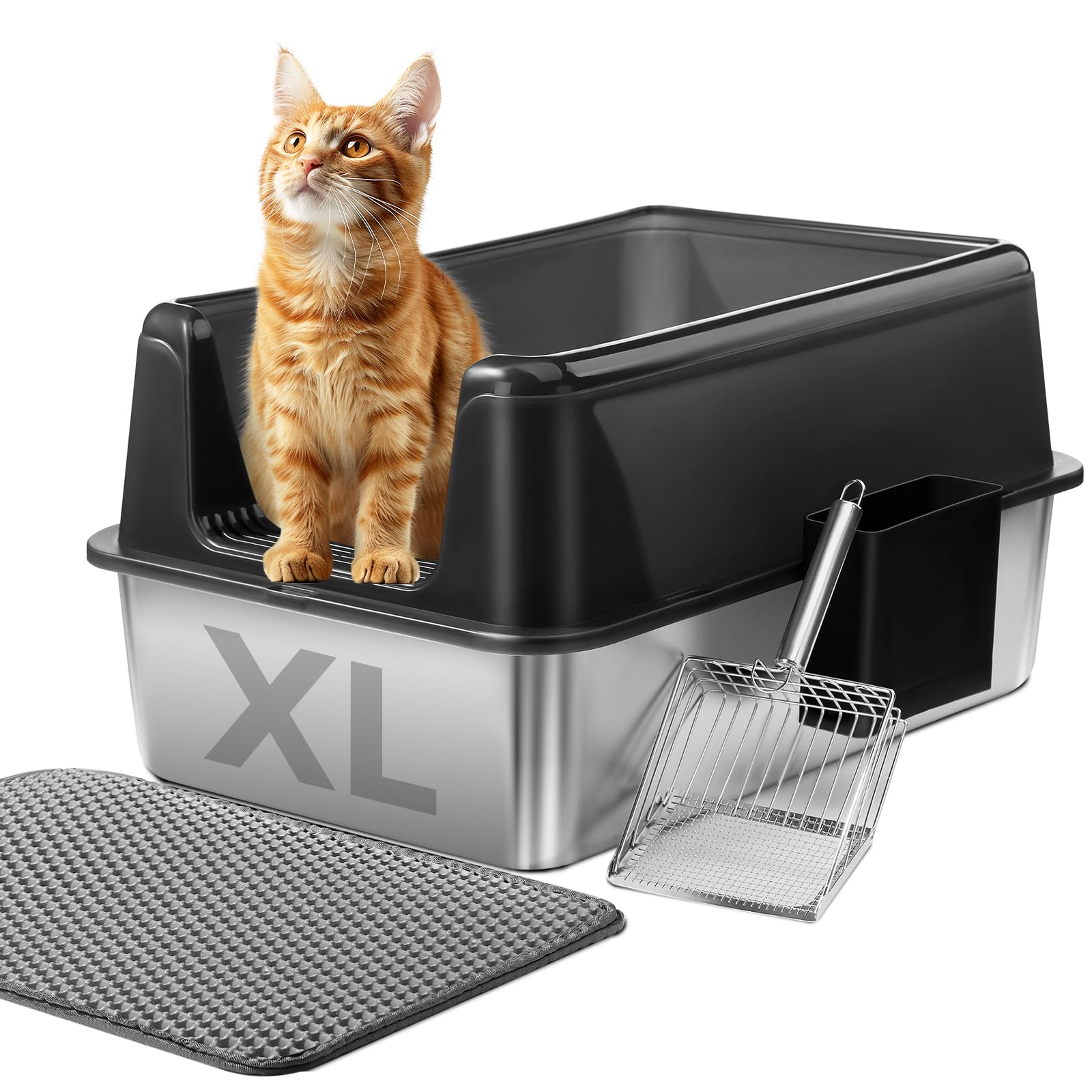 Marchul caja de arena en acero inoxidable con paredes altas para múltiples gatos.